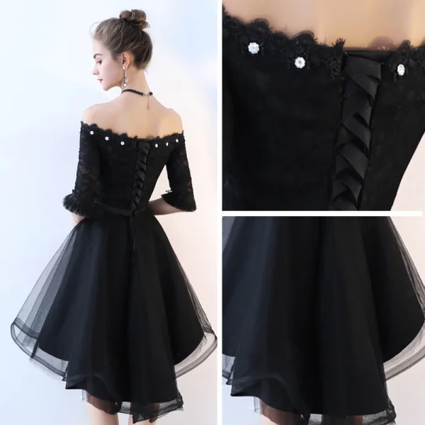 Schöne Schwarz Cocktailkleider 2017 A Linie Spitze Schleife Pailletten Off Shoulder Rückenfreies 1/2 Ärmel Asymmetrisch Festliche Kleider