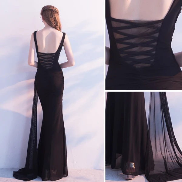 Chic / Belle Noir Robe De Soirée 2017 Trompette / Sirène Perle Cristal Perlage V-Cou Dos Nu Sans Manches Longueur Cheville Robe De Ceremonie