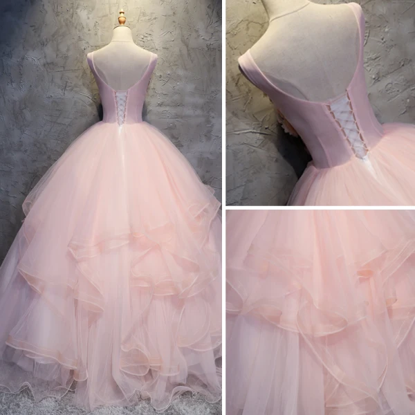 Elegante Parel Roze Galajurken 2017 Baljurk Kant Appliques Rhinestone Ronde Hals Ruglooze Mouwloos Lange Gelegenheid Jurken