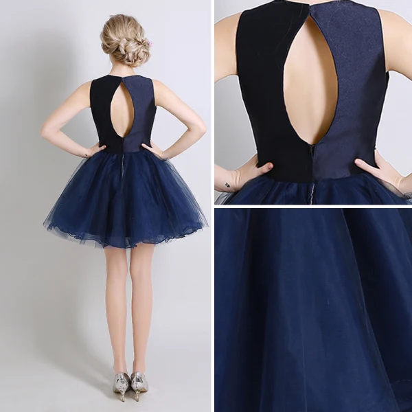 Schöne Marineblau Cocktailkleider 2017 Ballkleid Kristall Perlenstickerei Rundhalsausschnitt Rückenfreies Kurze Festliche Kleider