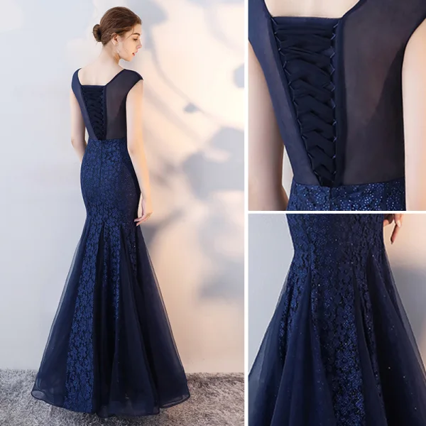 Chic / Beautiful Navy Blue Evening Dresses 2017 Trumpet / Mermaid Lace Flower Scoop Neck Sleeveless Ankle Length Formal Dresses