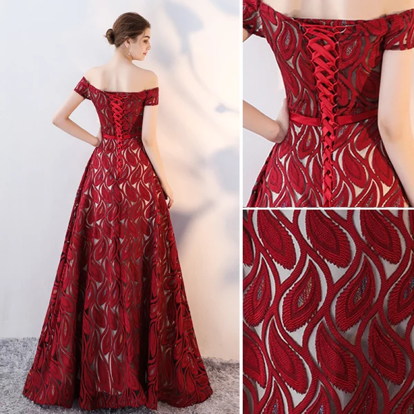 Chic / Beautiful Burgundy Evening Dresses  2017 A-Line / Princess Bow Off-The-Shoulder Backless Short Sleeve Floor-Length / Long Formal Dresses