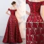 Chic / Beautiful Burgundy Evening Dresses  2017 A-Line / Princess Bow Off-The-Shoulder Backless Short Sleeve Floor-Length / Long Formal Dresses
