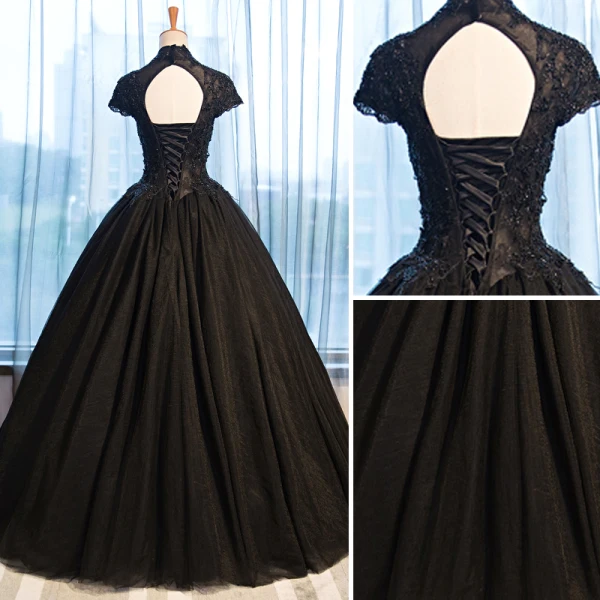 Chic / Beautiful Evening Dresses 2017 Ball Gown Lace Flower Crystal Beading High Neck Backless Short Sleeve Floor-Length / Long Formal Dresses