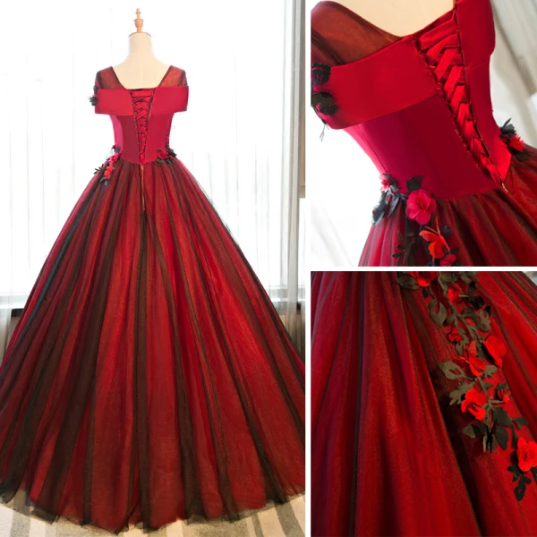 Chic / Beautiful Burgundy Prom Dresses 2017 Ball Gown Butterfly Appliques Artificial Flowers Scoop Neck Backless Short Sleeve Floor-Length / Long Formal Dresses