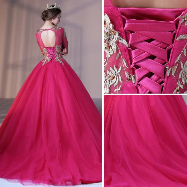 Chic / Beautiful Fuchsia Prom Dresses 2017 Ball Gown Lace Flower Pearl Scoop Neck Backless Long Sleeve Court Train Formal Dresses