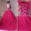 Chic / Beautiful Fuchsia Prom Dresses 2017 Ball Gown Lace Flower Pearl Scoop Neck Backless Long Sleeve Court Train Formal Dresses