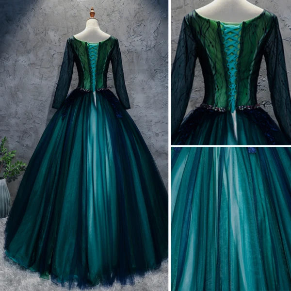 Classique Vert Foncé Robe De Bal 2017 Robe Boule En Dentelle Fleur Cristal Encolure Dégagée Manches Longues Longue Robe De Ceremonie