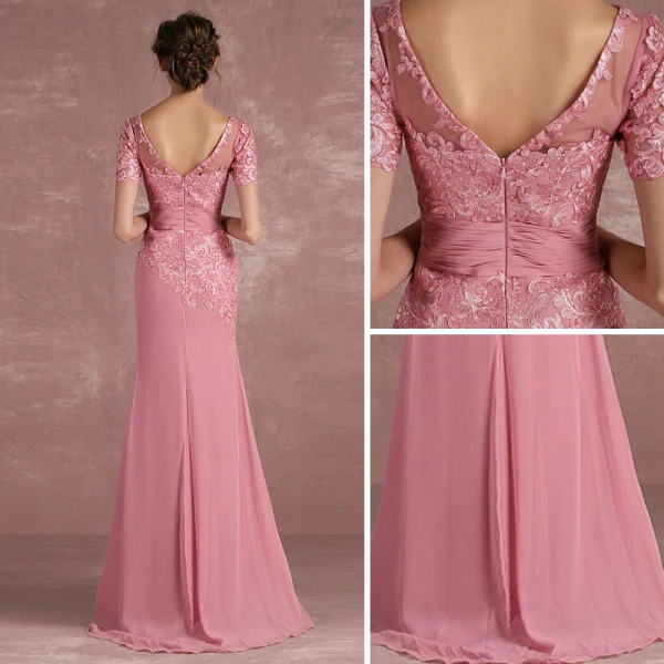 Chic / Belle Rose Bonbon Robe De Mère De Mariée 2018 Trompette / Sirène En Dentelle Fleur Encolure Dégagée Dos Nu Manches Courtes Longue Robe Pour Mariage