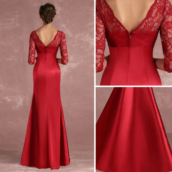 Chic / Beautiful Burgundy Mother Of The Bride Dresses 2018 Trumpet / Mermaid Lace Scoop Neck Backless 3/4 Sleeve Floor-Length / Long Wedding Party Dresses