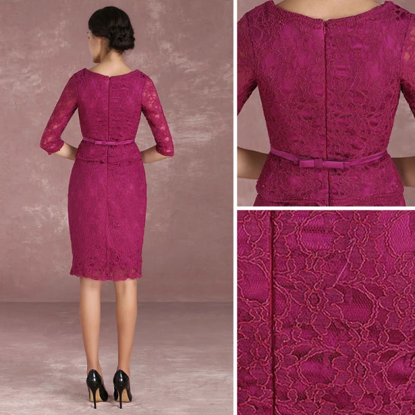 Chic / Beautiful Fuchsia Mother Of The Bride Dresses 2018 Lace Bow Scoop Neck 1/2 Sleeves Knee-Length Wedding Party Dresses