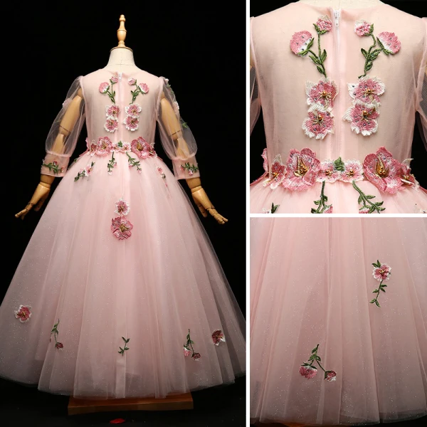 Chic / Beautiful Blushing Pink Flower Girl Dresses 2017 A-Line / Princess Lace Appliques Pearl Scoop Neck 3/4 Sleeve Floor-Length / Long Wedding Party Dresses