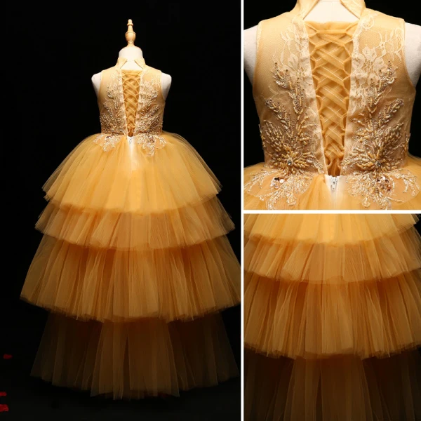 Chic / Beautiful Detachable Flower Girl Dresses 2017 Ball Gown Lace Appliques Crystal High Neck Sleeveless Asymmetrical Wedding Party Dresses