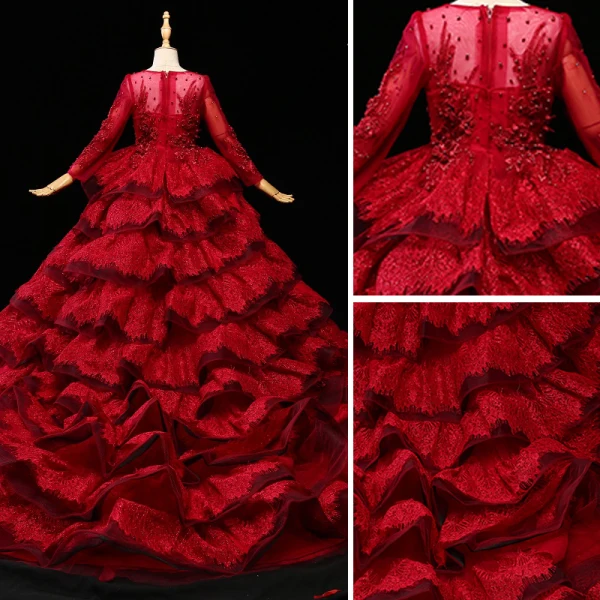 Chic / Beautiful Burgundy Flower Girl Dresses 2017 Ball Gown Lace Appliques Crystal Sequins Scoop Neck 3/4 Sleeve Court Train Wedding Party Dresses