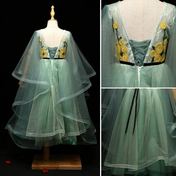 Chic / Beautiful Sage Green Flower Girl Dresses 2017 A-Line / Princess Appliques Bow Scoop Neck Backless Long Sleeve Ankle Length Wedding Party Dresses