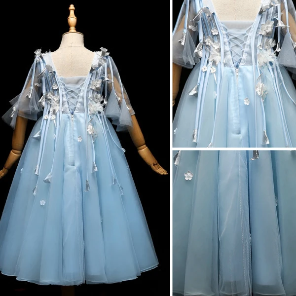 Chic / Beautiful Pool Blue Flower Girl Dresses 2017 Appliques Tassel Pearl V-Neck Backless 1/2 Sleeves Ankle Length A-Line / Princess Wedding Party Dresses