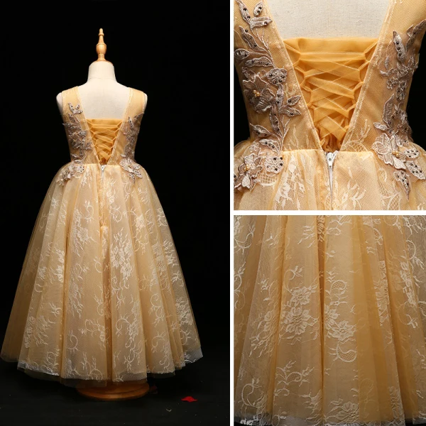 Chic / Beautiful Champagne Flower Girl Dresses 2017 A-Line / Princess Lace Appliques Pearl Sequins Scoop Neck Backless Sleeveless Ankle Length Wedding Party Dresses