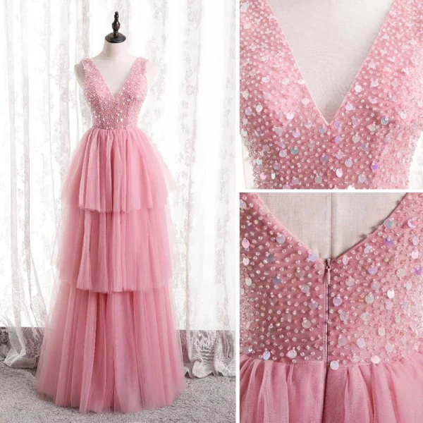 Charmant Rose Bonbon Volants Robe De Soirée 2021 Princesse Encolure Dégagée Sans Manches Perlage Paillettes Dos Nu Soirée Longue Robe De Ceremonie
