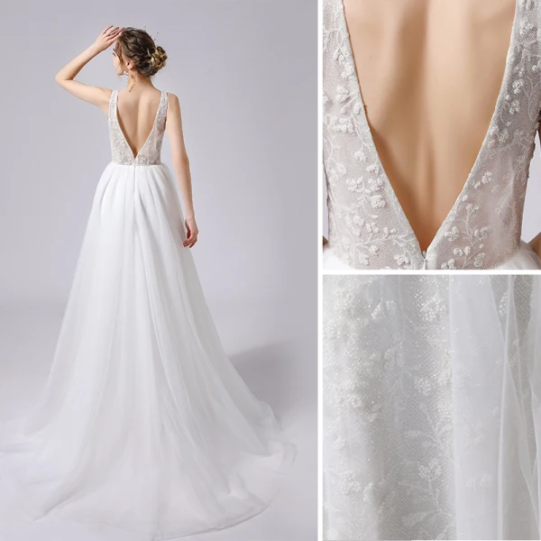 Elegant Ivory Glitter Wedding Dresses 2021 A-Line / Princess Beading V-Neck Sleeveless Backless Sweep Train Wedding