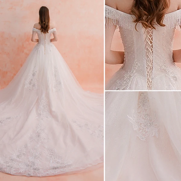Charmant Ivory / Creme Brautkleider / Hochzeitskleider 2019 A Linie Off Shoulder Perlenstickerei Quaste Spitze Blumen Pailletten Kurze Ärmel Rückenfreies Königliche Schleppe