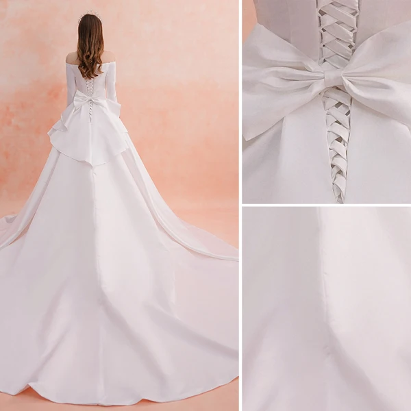 Élégant Ivoire Robe De Mariée 2019 Princesse De l'épaule Perle Faux Diamant 3/4 Manches Dos Nu Noeud Royal Train