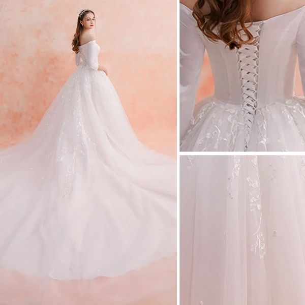 Elegant Ivory Wedding Dresses 2019 A-Line / Princess Off-The-Shoulder Lace Flower 3/4 Sleeve Backless Royal Train