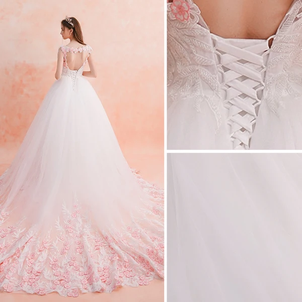 Chic / Belle Blanche Robe De Mariée 2019 Princesse Encolure Dégagée Perlage Gland En Dentelle Fleur Rose Bonbon Appliques Sans Manches Dos Nu Royal Train
