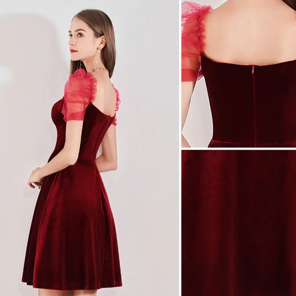 Chic / Beautiful Burgundy Suede Graduation Dresses 2019 A-Line / Princess Square Neckline Short Sleeve Backless Knee-Length Formal Dresses