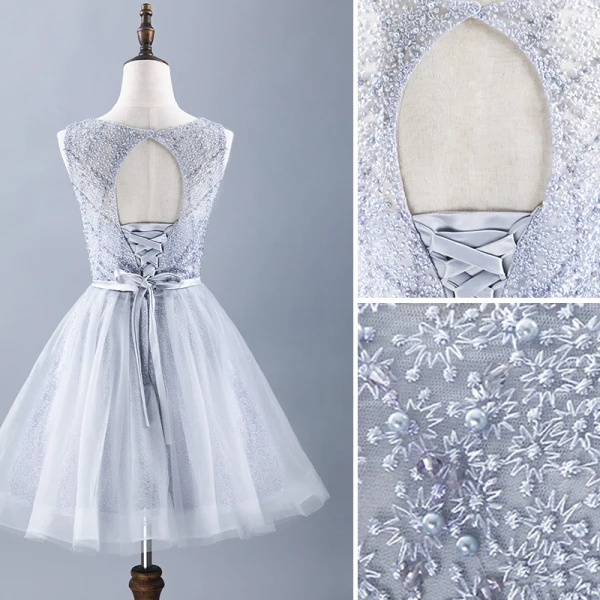 Chic / Beautiful Grey Cocktail Dresses 2019 A-Line / Princess Scoop Neck Lace Flower Pearl Sleeveless Backless Bow Short Formal Dresses