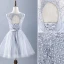 Chic / Beautiful Grey Cocktail Dresses 2019 A-Line / Princess Scoop Neck Lace Flower Pearl Sleeveless Backless Bow Short Formal Dresses