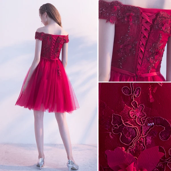 Chic / Belle Bordeaux Robe De Fete 2019 Princesse De l'épaule Perlage En Dentelle Fleur Manches Courtes Dos Nu Ceinture Mi-Longues Robe De Ceremonie