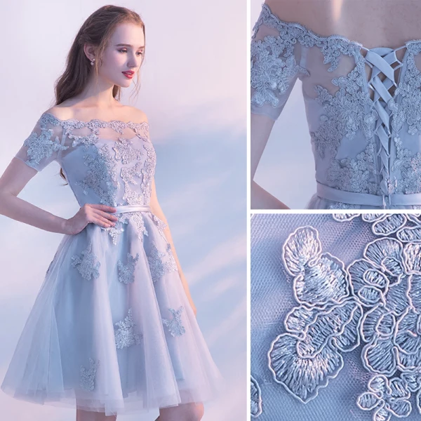 Chic / Beautiful Grey Graduation Dresses 2019 A-Line / Princess Off-The-Shoulder Lace Flower Sash Short Sleeve Backless Knee-Length Formal Dresses