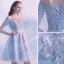Chic / Beautiful Grey Graduation Dresses 2019 A-Line / Princess Off-The-Shoulder Lace Flower Sash Short Sleeve Backless Knee-Length Formal Dresses