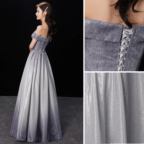 Chic / Beautiful Gradient-Color Silver Glitter Evening Dresses 2019 A-Line / Princess Off-The-Shoulder Short Sleeve Backless Floor-Length / Long Formal Dresses