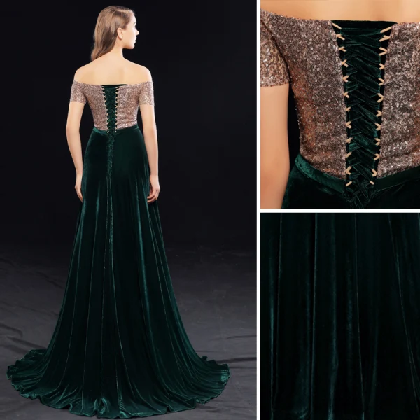 Schöne Dunkelgrün Abendkleider 2019 A Linie Off Shoulder Pailletten Wildleder Kurze Ärmel Rückenfreies Sweep / Pinsel Zug Festliche Kleider