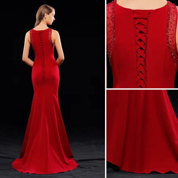 Chic / Beautiful Burgundy Evening Dresses  2019 Trumpet / Mermaid Scoop Neck Beading Sleeveless Sweep Train Formal Dresses
