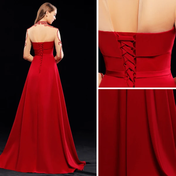 Chic / Belle Bordeaux Robe De Soirée 2019 Princesse Col Haut Perlage Cristal 3/4 Manches Dos Nu Train De Balayage Robe De Ceremonie