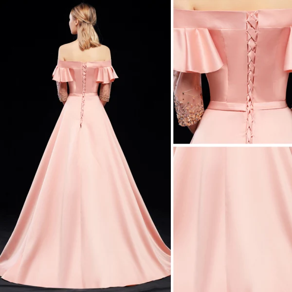 Modest / Simple Pearl Pink Evening Dresses 2019 A-Line / Princess Off-The-Shoulder Sash Short Sleeve Backless Sweep Train Formal Dresses