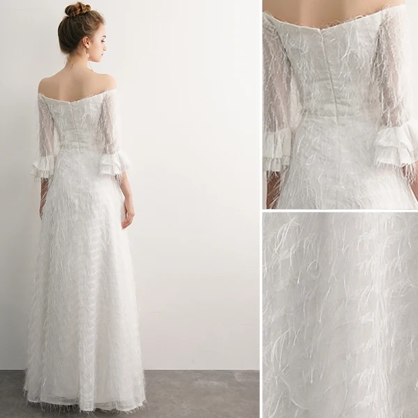 Elegant Ivory Evening Dresses 2019 A-Line / Princess Off-The-Shoulder Tassel 3/4 Sleeve Backless Floor-Length / Long Formal Dresses