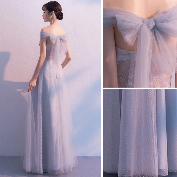 Elegant Grey Prom Dresses 2019 A-Line / Princess Off-The-Shoulder Lace Flower Pearl Backless Bow Sleeveless Floor-Length / Long Formal Dresses