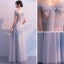 Elegant Grey Prom Dresses 2019 A-Line / Princess Off-The-Shoulder Lace Flower Pearl Backless Bow Sleeveless Floor-Length / Long Formal Dresses