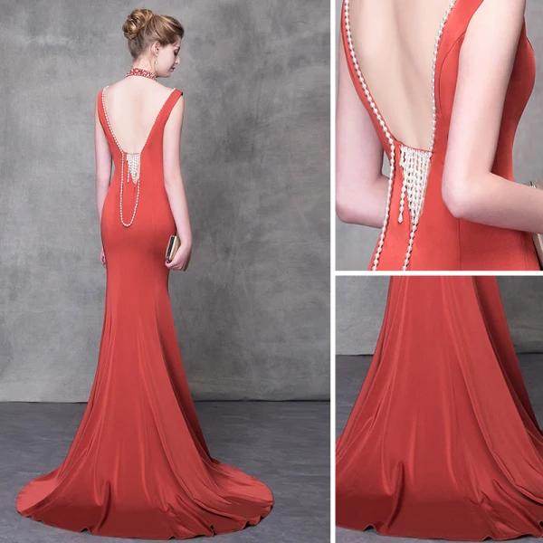 Luxury / Gorgeous Orange Evening Dresses 2018 Trumpet / Mermaid Beading Crystal Pearl High Neck Backless Sleeveless Sweep Train Formal Dresses
