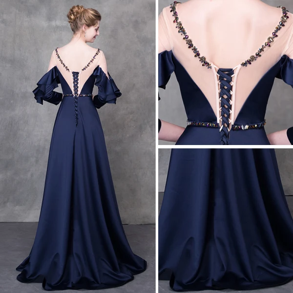 Elegante Abendkleider 2018 A Linie Kristall Stoffgürtel Rundhalsausschnitt Rückenfreies Lange Ärmel Lange Festliche Kleider