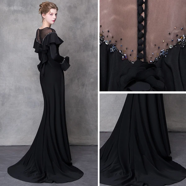 Élégant Noir Robe De Soirée 2018 Trompette / Sirène Cristal Faux Diamant Ceinture Encolure Dégagée Manches Longues Train De Balayage Robe De Ceremonie