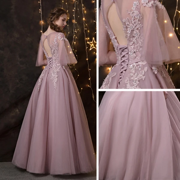 Chic / Beautiful Blushing Pink Prom Dresses 2018 A-Line / Princess Lace Appliques Pearl Sash Scoop Neck Backless 3/4 Sleeve Floor-Length / Long Formal Dresses