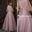 Chic / Beautiful Blushing Pink Prom Dresses 2018 A-Line / Princess Lace Appliques Pearl Sash Scoop Neck Backless 3/4 Sleeve Floor-Length / Long Formal Dresses