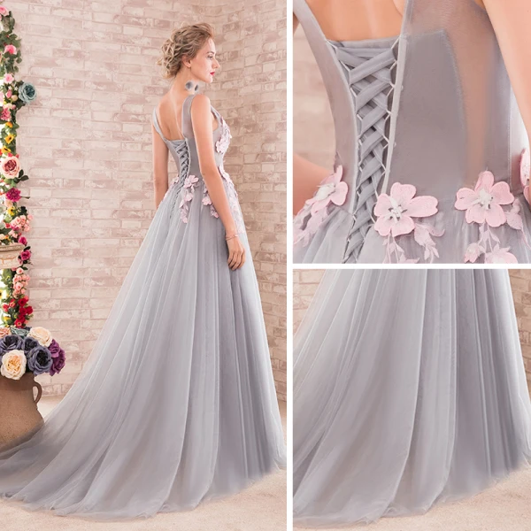 Elegant Grey Prom Dresses 2018 A-Line / Princess Appliques V-Neck Backless Sleeveless Sweep Train Formal Dresses