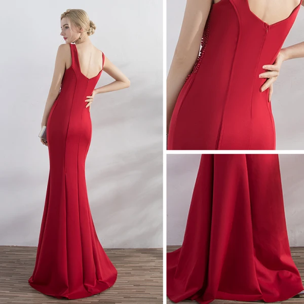 Chic / Belle Rouge Robe De Soirée 2017 Trompette / Sirène Perlage Encolure Dégagée Dos Nu Sans Manches Longue Robe De Ceremonie