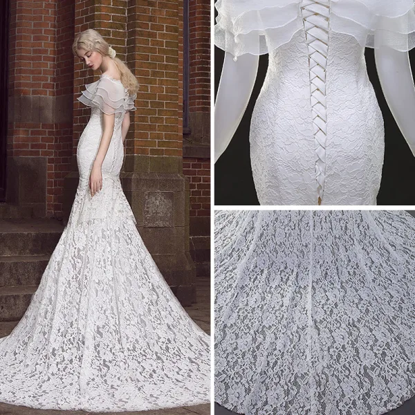 Stunning Ivory Wedding Dresses 2017 Trumpet / Mermaid Lace Off-The-Shoulder Backless Short Sleeve Detachable Chapel Train