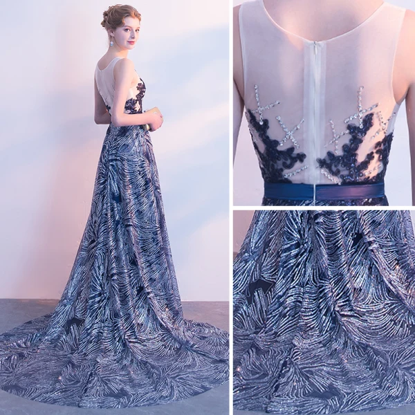 Sparkly Glitter Evening Dresses  2017 A-Line / Princess Lace Sequins Sash Scoop Neck Sleeveless Court Train Formal Dresses